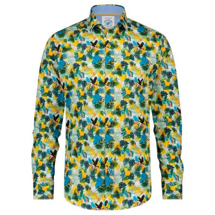 CAMISA JUNGLA TROPICAL VERDE Y NARANJA A FISH NAMED FRED